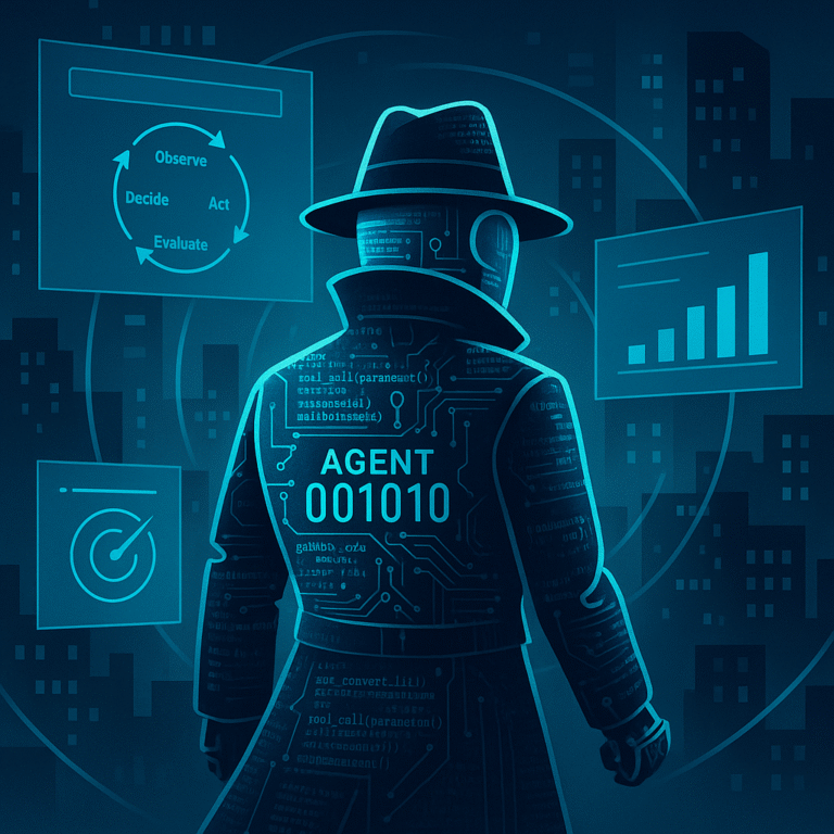 Stylized illustration of a digital secret agent in a trench coat labeled ‘Agent 001010,’ symbolizing agentic AI automation with a license to optimize.