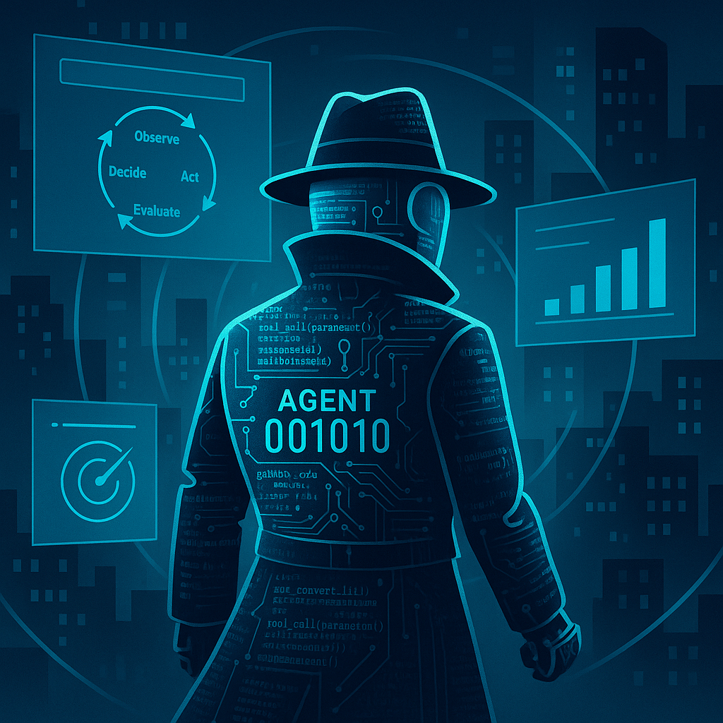 Stylized illustration of a digital secret agent in a trench coat labeled ‘Agent 001010,’ symbolizing agentic AI automation with a license to optimize.